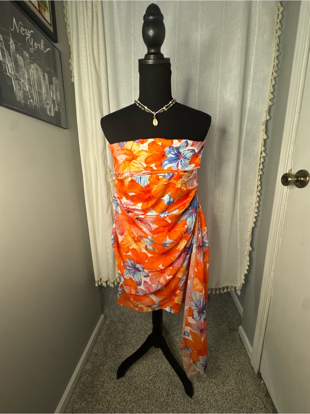 Tropical Orange Floral Strapless Dress